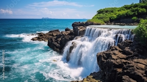 A serene beach with crystal clear blue water  white sand  and palm trees swaying in the gentle breeze.