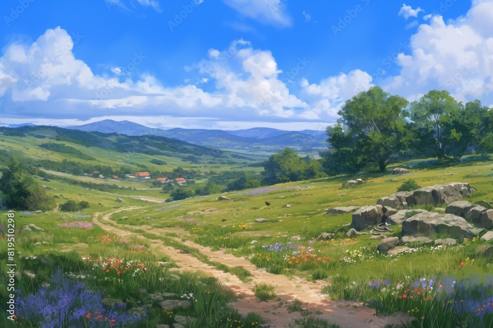 Countryside natural scenery with green grasslands and mountains, Japanese anime illustration. Countryside natural scenery with green grasslands and mountains, Japanese anime illustration.