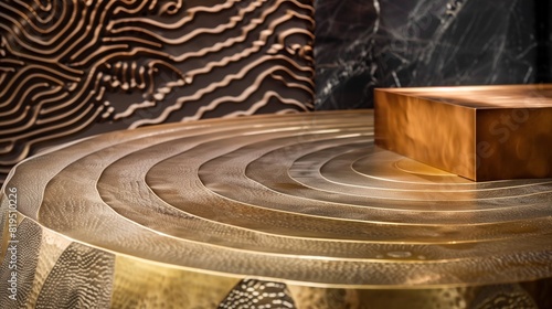 Mesmerizing patterns emerge from the seamless fusion of brass and wood textures.