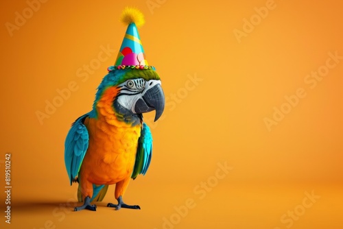 3D illustration of a cute parrot wearing a party hat isolated on an orange background photo