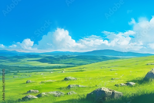 Illustration of a peaceful countryside with vast grasslands and mountains in the distance, Japanese anime style.