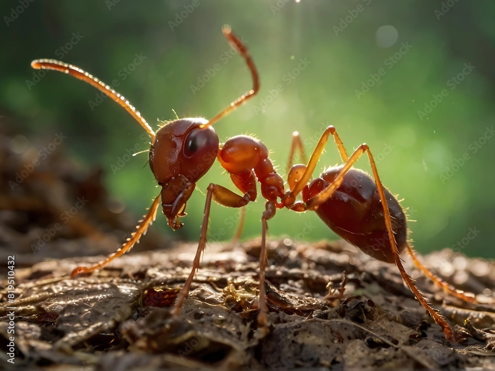 Red ants carry leaf litter back to their nests on the forest floor in the morning. Sunlight shines through the leaves, creating beams of light. 8k Red ants carry leaf litter back to their nests on the forest floor in the morning. Sunlight shines through the leaves, creating beams of light. 8k