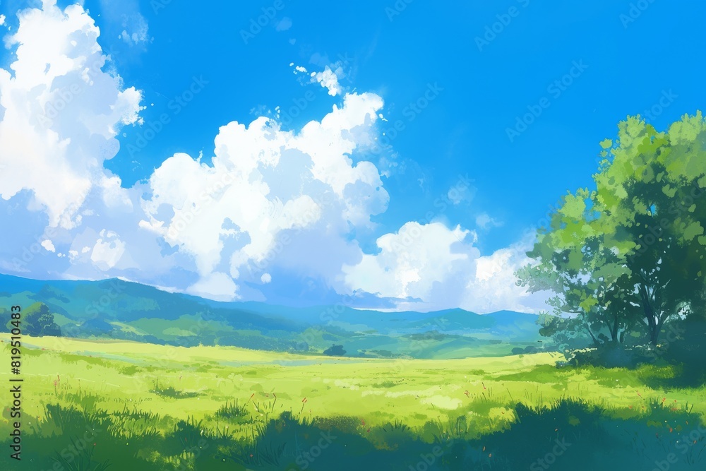 Serene countryside scenery with vast grasslands and mountains in the distance, Japanese anime style. Serene countryside scenery with vast grasslands and mountains in the distance, Japanese anime style.