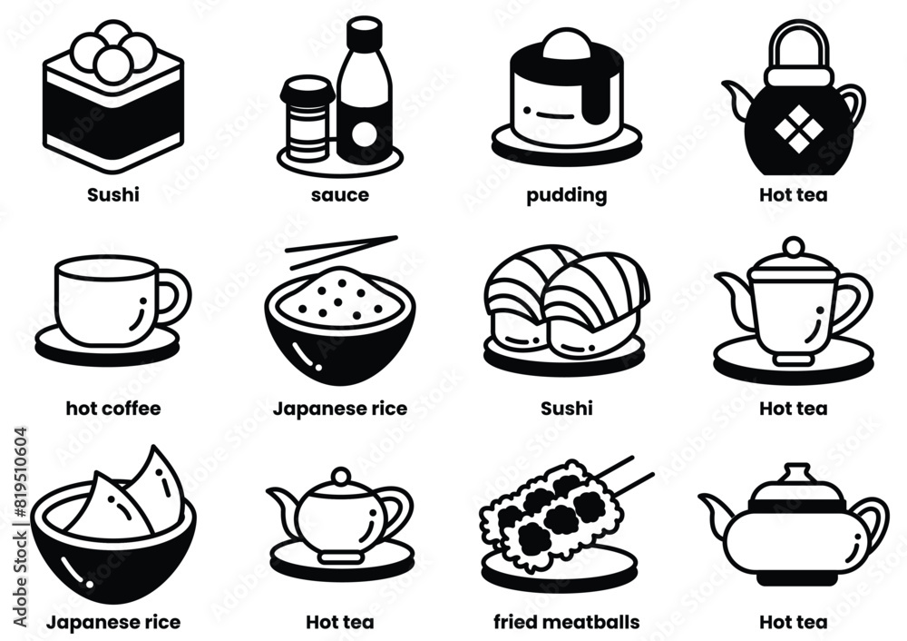 A set of food icons, including cups, bowls, and teapots A set of food icons, including cups, bowls, and teapots