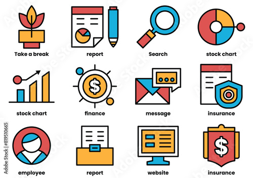 A set of icons for finance, insurance, and stock charts