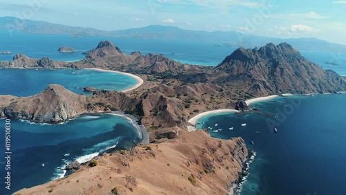 Aerial view of Padar Island landscape with blue ocean water, East Nusa Tenggara, Indonesia. photo