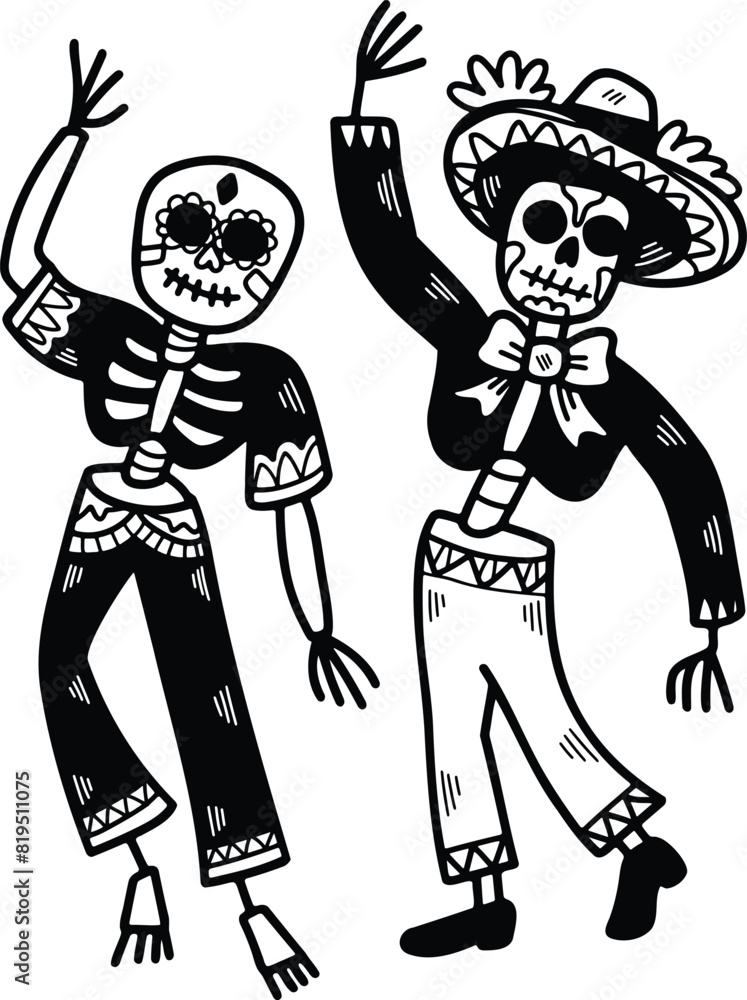 Fototapeta premium A skeleton dressed in a sombrero and pants is dancing