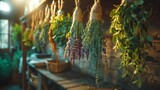 A rustic scene with various herbs hanging to dry in a cozy kitchen, showcasing natural and traditional home practices.