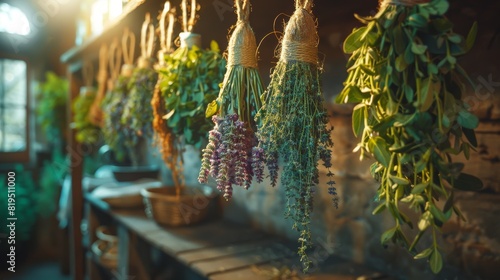 A rustic scene with various herbs hanging to dry in a cozy kitchen, showcasing natural and traditional home practices. photo