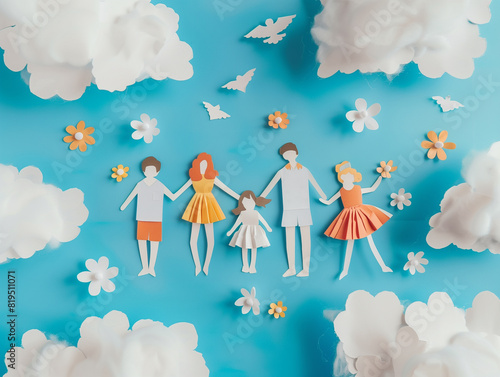 Happy paper family with cloud background. Paper Family and International Day of the Families
