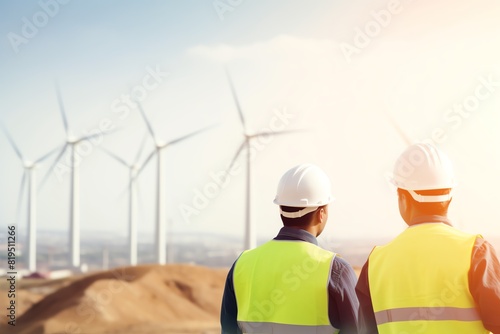 Two engineers in hard hats and safety vests look out at a wind farm.