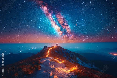 A breathtaking view of a starry night sky with the Milky Way above a mountain peak, illuminated by glowing paths.