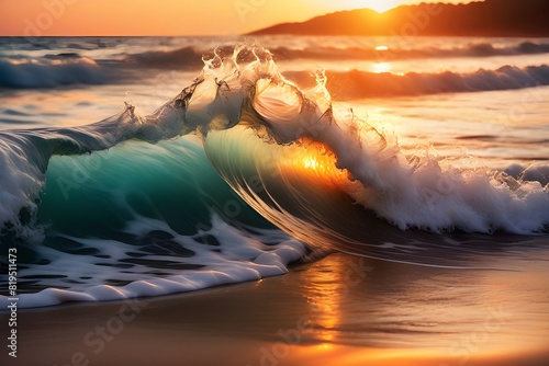 Sunset on the beach with ocean wave. Rough colored ocean wave falling down at sunset time photo