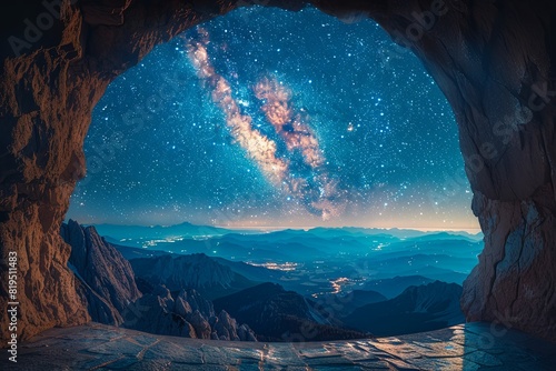 A spectacular view of the Milky Way galaxy seen from inside a mountain cave, overlooking a vast and starry night sky.