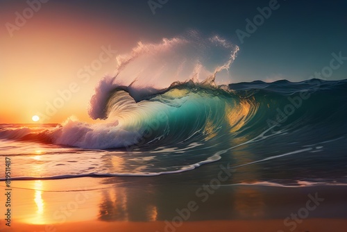 Sunset on the beach with ocean wave. Rough colored ocean wave falling down at sunset time photo