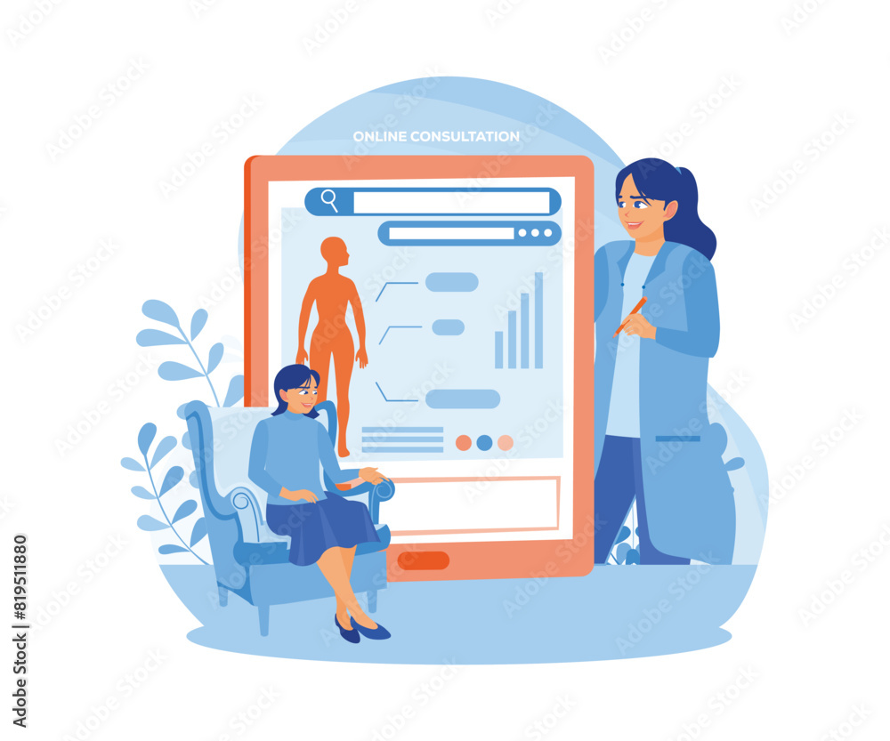 Female patient sitting in a chair at home. Conduct online health consultations with specialist doctors. Online Medical Consultation concept. Flat vector illustration. Female patient sitting in a chair at home. Conduct online health consultations with specialist doctors. Online Medical Consultation concept. Flat vector illustration.