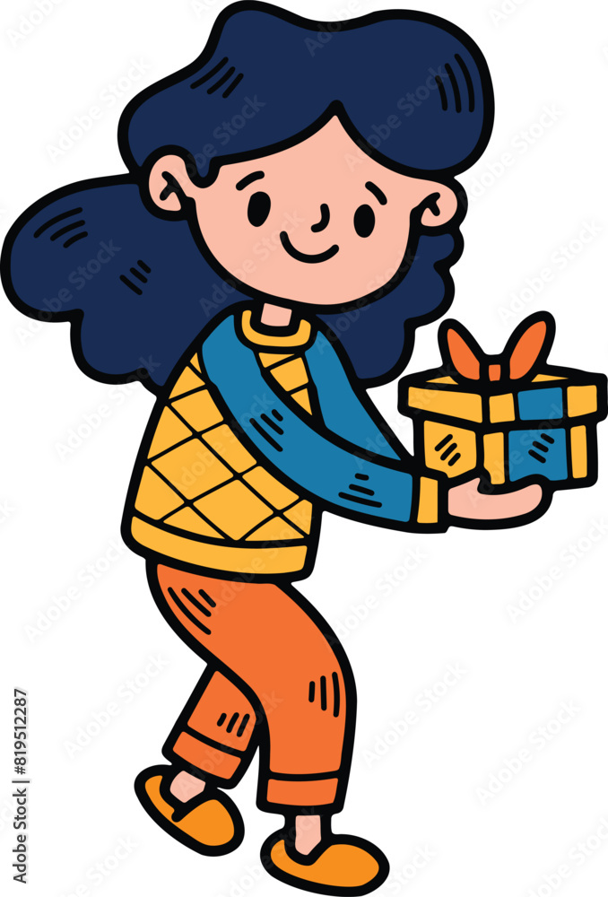 Obraz premium child with gift box Hand drawn illustrations in line art style