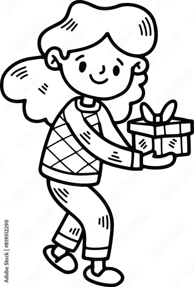 child with gift box Hand drawn illustrations in line art style child with gift box Hand drawn illustrations in line art style