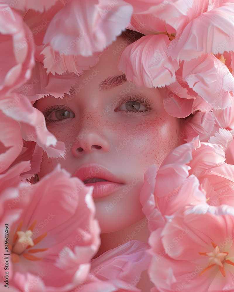 A Beautiful Young Woman Surrounded In Pink Tulip Flowers, Natural Makeup, Fashion Editorial Photography, White Caucasian Model, Close Up Face In Flowers, Minimal, Stylish. A Beautiful Young Woman Surrounded In Pink Tulip Flowers, Natural Makeup, Fashion Editorial Photography, White Caucasian Model, Close Up Face In Flowers, Minimal, Stylish.