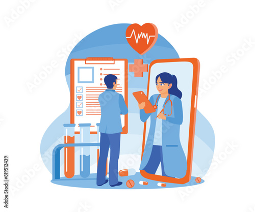 A man is making video calls with the doctor on the mobile phone screen. Telemedicine e-health services. Online Medical Consultation concept. Flat vector illustration.