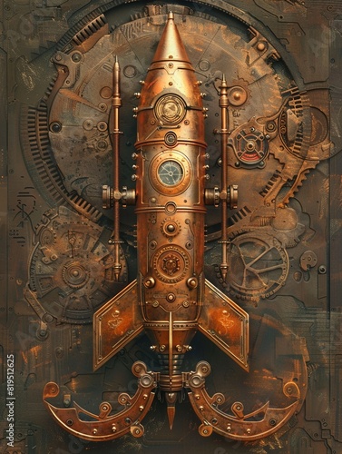 A charming steampunk rocket with brass and copper components, adorned with intricate gears and a single rose entwined around its base, Steampunk, Illustration, Warm tones, Detailed design