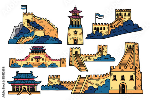 Illustration of Chinese buildings and the Great Wall Hand drawn in line style.