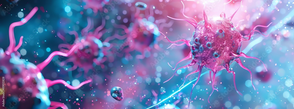 Microscopic view of vibrant, colorful cells and bacteria in a scientific, educational context. High-resolution image for healthcare and research. Microscopic view of vibrant, colorful cells and bacteria in a scientific, educational context. High-resolution image for healthcare and research.