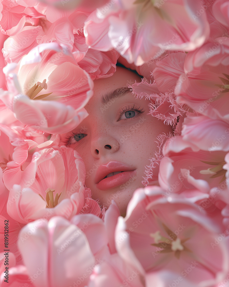 A Beautiful Young Woman Surrounded In Pink Tulip Flowers, Natural Makeup, Fashion Editorial Photography, White Caucasian Model, Close Up Face In Flowers, Minimal, Stylish. A Beautiful Young Woman Surrounded In Pink Tulip Flowers, Natural Makeup, Fashion Editorial Photography, White Caucasian Model, Close Up Face In Flowers, Minimal, Stylish.