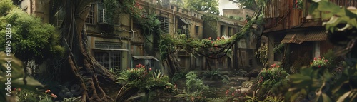 Overgrown urban street with abandoned buildings and lush vegetation taking over the structures in a post-apocalyptic setting. photo