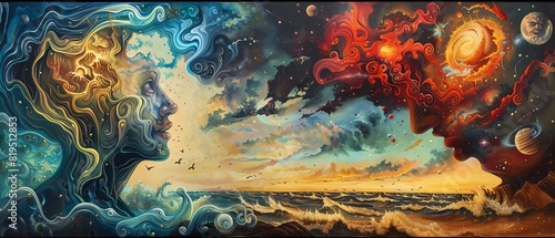 Surreal cosmic artwork depicting ethereal faces intertwined with celestial elements, ocean waves, and vibrant colors, representing duality.