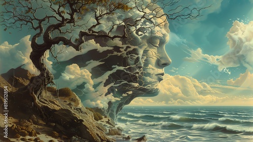 Surreal artwork depicting a face in a cliff merging with a tree and ocean, symbolizing nature and human connection. Dreamlike and imaginative scene. #819512854