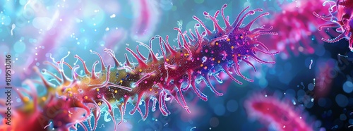 Brightly colored, high magnification view of vibrant bacterial colonies, showcasing intricate details and cellular structures in a laboratory setting. photo