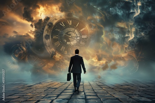 Businessman walking towards surreal clock in stormy sky, symbolizing time travel or future aspirations, blending realism and fantasy. photo