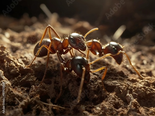 Worker ants are caring for eggs in an underground nest. Light shining from outside creates shadows. 8k © Thanawut