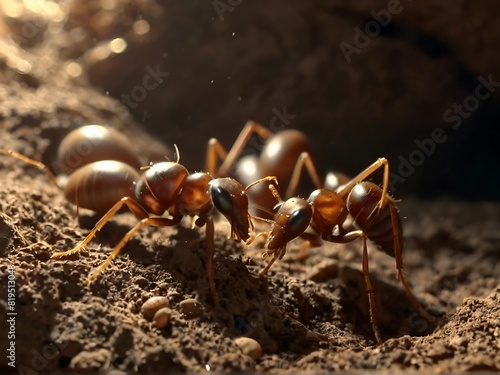 Worker ants are caring for eggs in an underground nest. Light shining from outside creates shadows. 8k © Thanawut