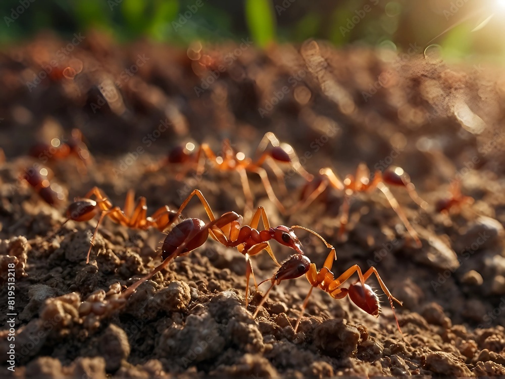Worker ants are caring for eggs in an underground nest. Light shining from outside creates shadows. 8k Worker ants are caring for eggs in an underground nest. Light shining from outside creates shadows. 8k
