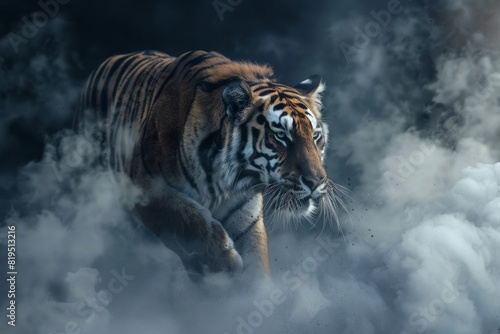 tiger running through smoke on dark background