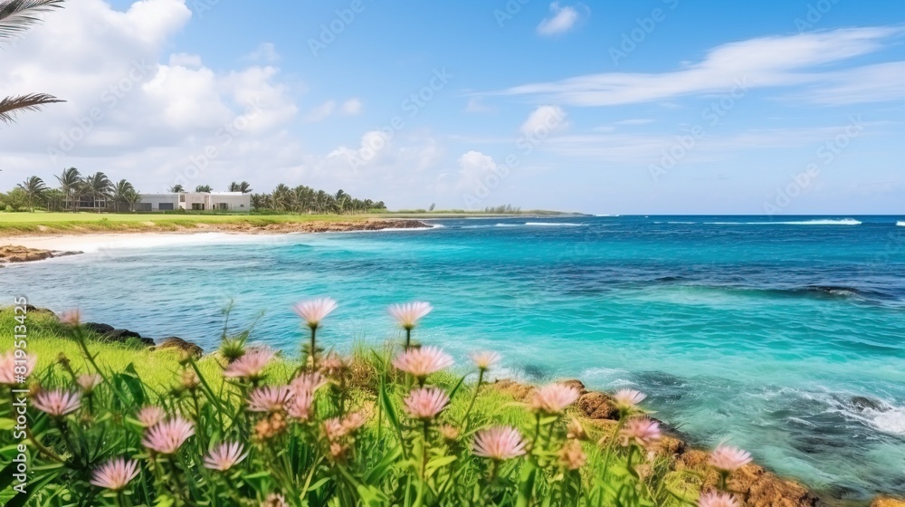 Vibrant beach scene with blooming flowers and fresh grass. Stunning beach landscape featuring flowers and greenery. Vibrant beach scene with blooming flowers and fresh grass. Stunning beach landscape featuring flowers and greenery.
