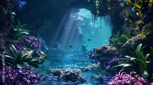 A fish tank with a magical underwater cave theme  3D render  detailed cave structures  vibrant plants