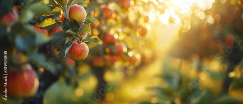 Beautiful apple orchard with sunlit trees and ripe apples, capturing the essence of fall harvest in a serene rural setting.