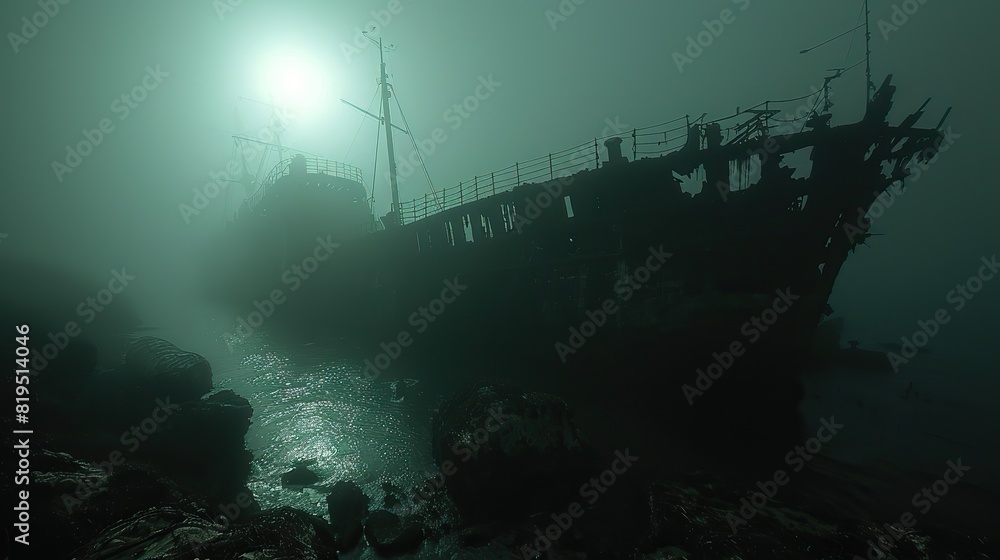 A ghostly shipwreck, illuminated by the moonlight, on a foggy night..stock photo