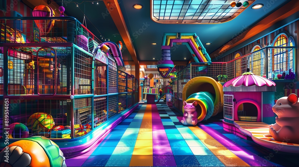 A hamster cage with a carnival theme, 3D render, vibrant colors, interactive toys A hamster cage with a carnival theme, 3D render, vibrant colors, interactive toys