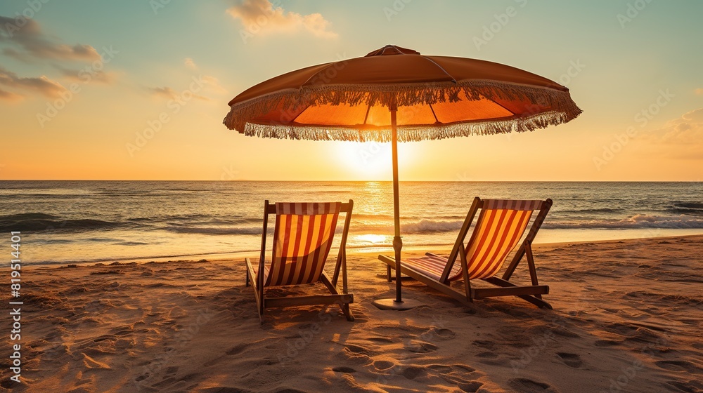 Serene beach scene with two lounge chairs and an umbrella at sunset, perfect for unwinding. Sunset view on the beach with two lounge chairs and an umbrella, ideal for a peaceful evening by the sea. Serene beach scene with two lounge chairs and an umbrella at sunset, perfect for unwinding. Sunset view on the beach with two lounge chairs and an umbrella, ideal for a peaceful evening by the sea.