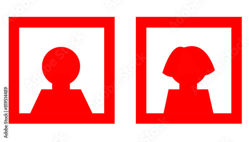 Sign with icon of man and woman silhouette in a square frame isolated on white background, Male and female red color shape, Graphic designation of men and women