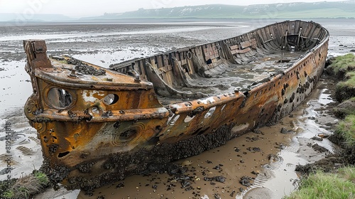 The twisted remains of a ship  its metal hull corroded and covered in algae..stock photo