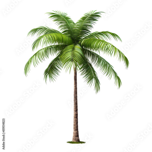 The image shows a tall palm tree with green leaves. The tree is set against a transparent background.