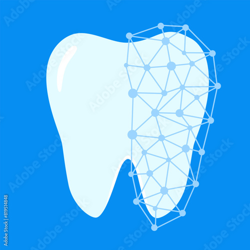 Polygonal mesh tooth on a blue background. Protection of enamel. Dental bleaching. Sensitive repair and whitening teeth.