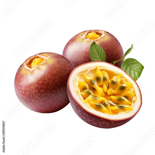 Three passion fruits with one cut in half, passion fruit has a sweet and sour taste and is often used in desserts and juices. photo