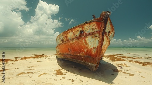 The bow of a ship, sticking out of the sand on a deserted beach..illustration graphic