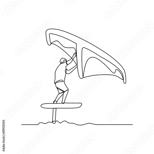 One continuous line drawing of wing foil sport vector illustration. Wing foil design in simple linear continuous style vector concept. Sports themes design for your asset vector design illustration.